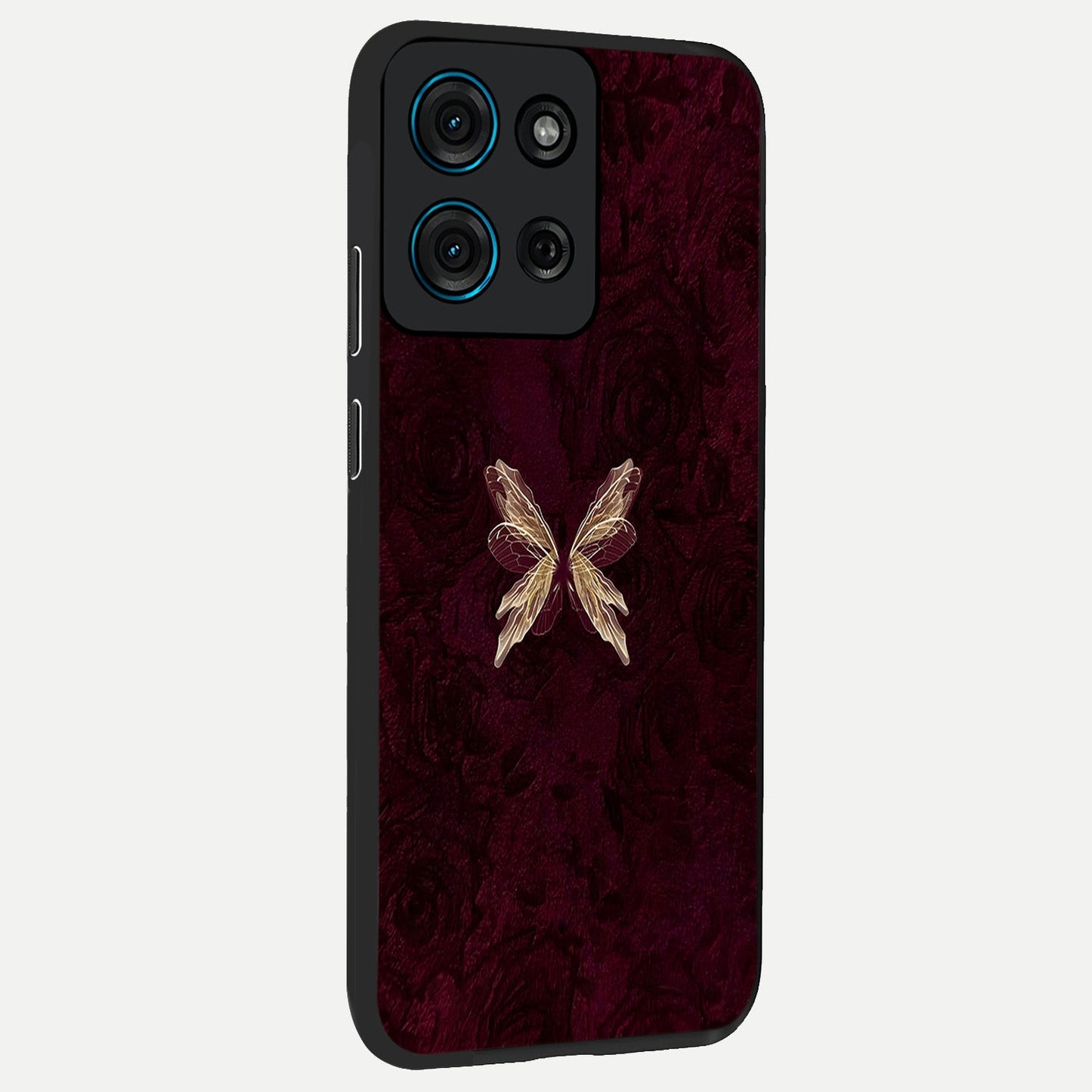 Crimson Fade Butterfly Glass Case upright view showcasing graceful butterfly artwork with soft crimson fade effect.