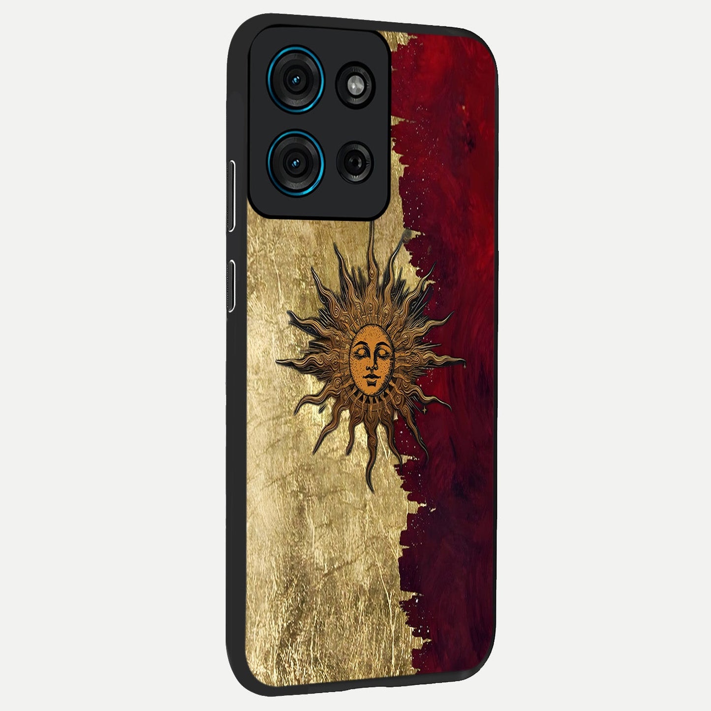 Crimson Sun Majesty Glass Case upright view showcasing vibrant sun artwork with powerful celestial theme.