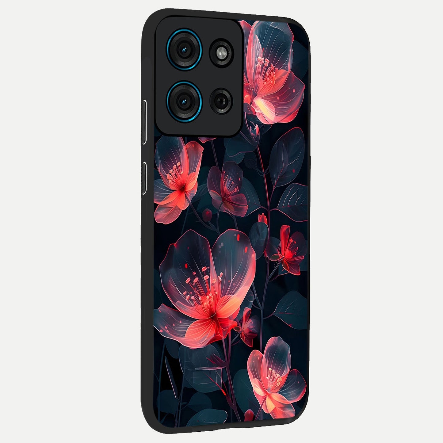 Dark Shade of Flower Glass Case upright view showcasing delicate flower artwork with rich dark floral theme.