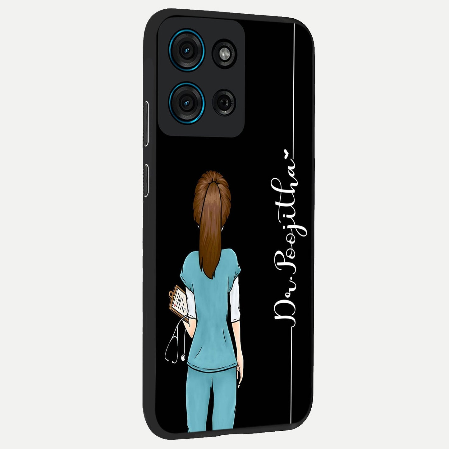 Doctor Pattern Custom Name Glass Case upright view showcasing healthcare themed design with personalized aesthetic.