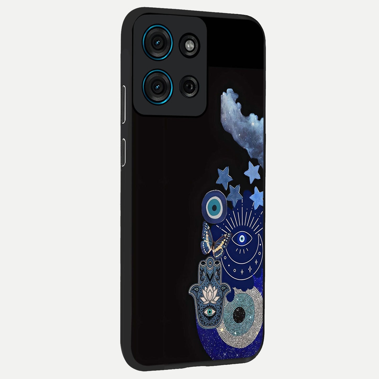 Galactic Charm Cluster Glass Case upright view showcasing glowing cosmic charm artwork with magical celestial style.