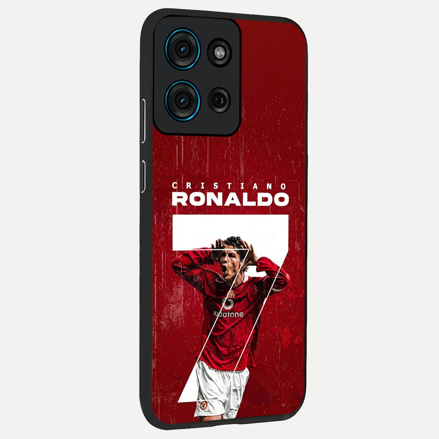 Goal Celebration Legacy Glass Case upright view showcasing dynamic football inspired artwork with victory celebration aesthetic.