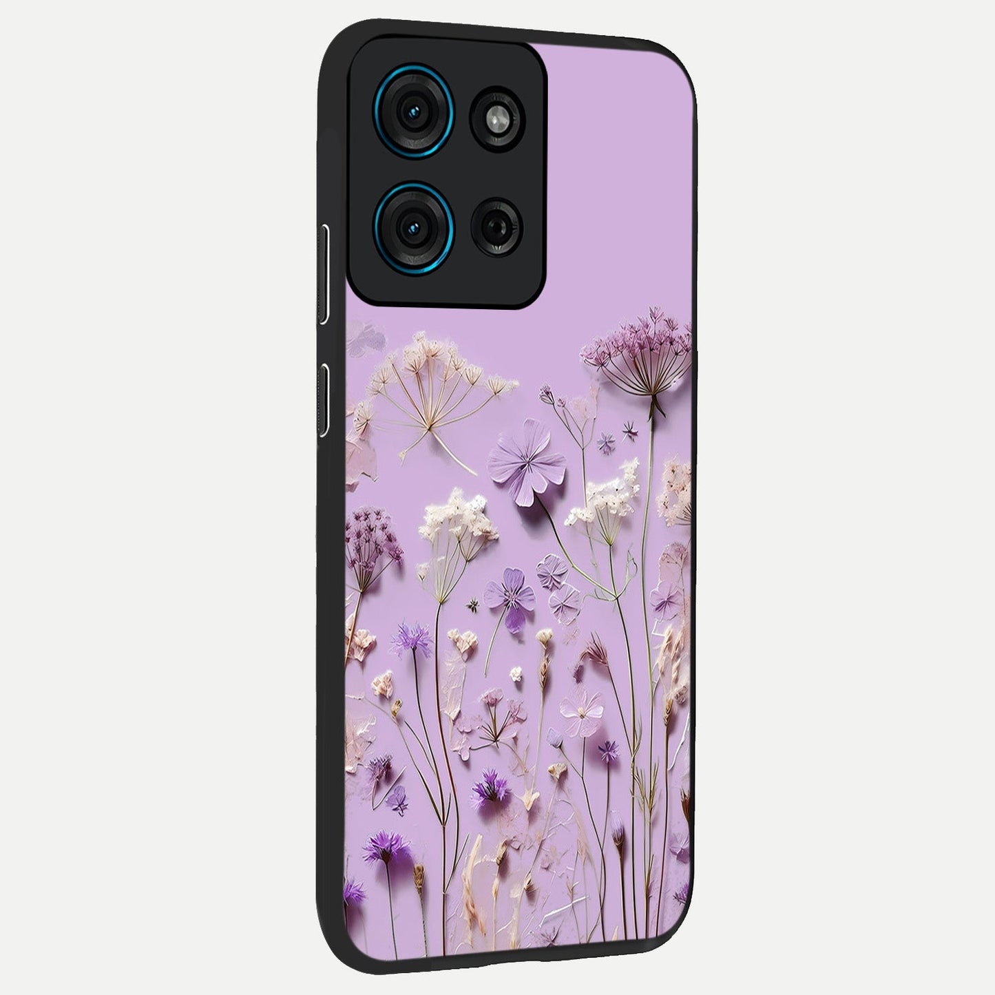 Lavender Blossom Dream Glass Case upright view showcasing delicate lavender blossom artwork with peaceful floral theme.