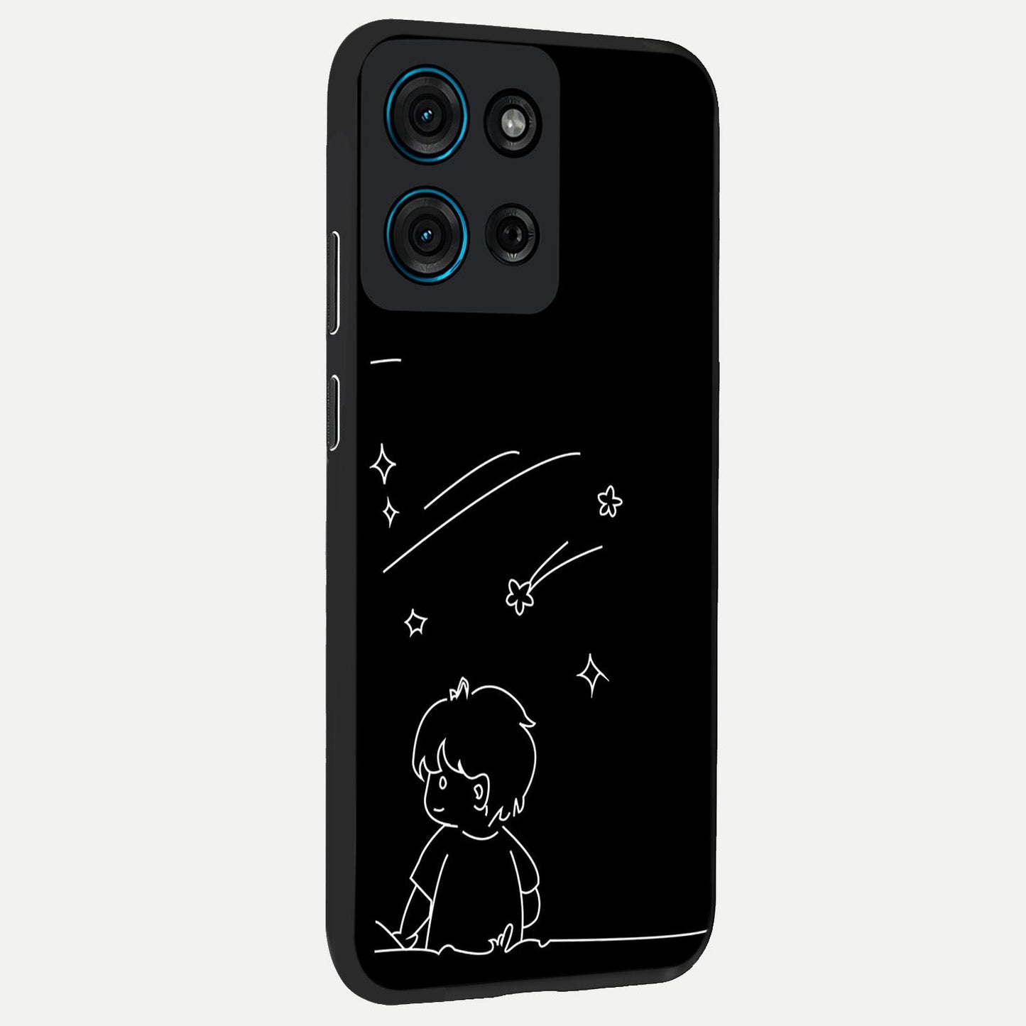 Line Art Boy With Shooting Stars Glass Case upright view showcasing artistic shooting star illustration with minimal style.