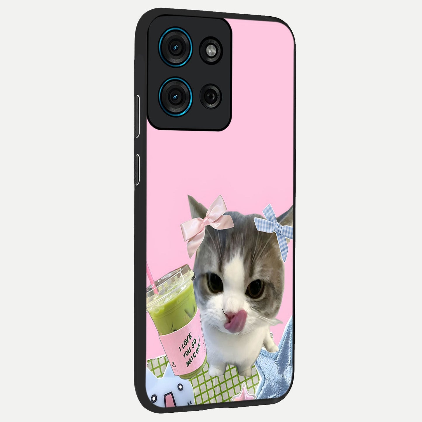 Love Matcha Cat Glass Case upright view showcasing adorable cat artwork with charming matcha themed design.