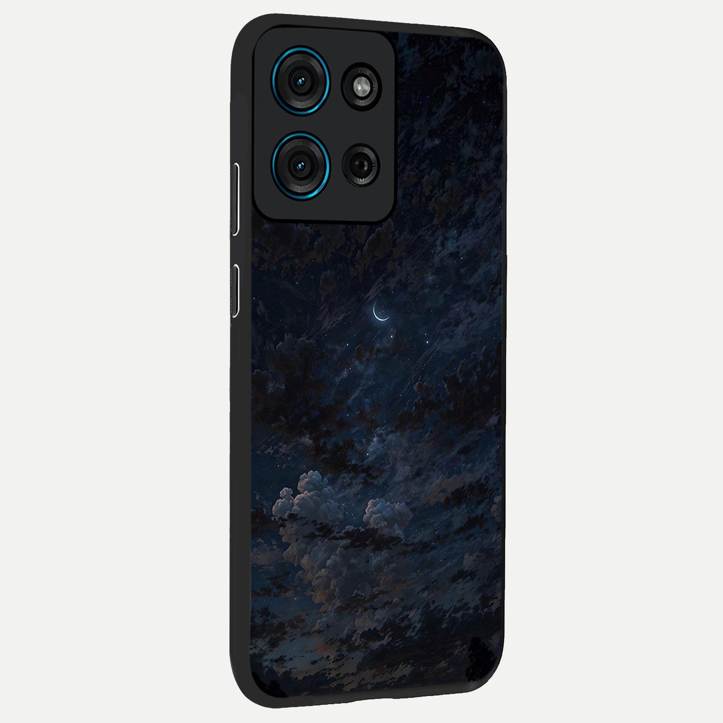 Lunar Veil Silence Glass Case upright view showcasing calm moon themed artwork with serene night atmosphere.