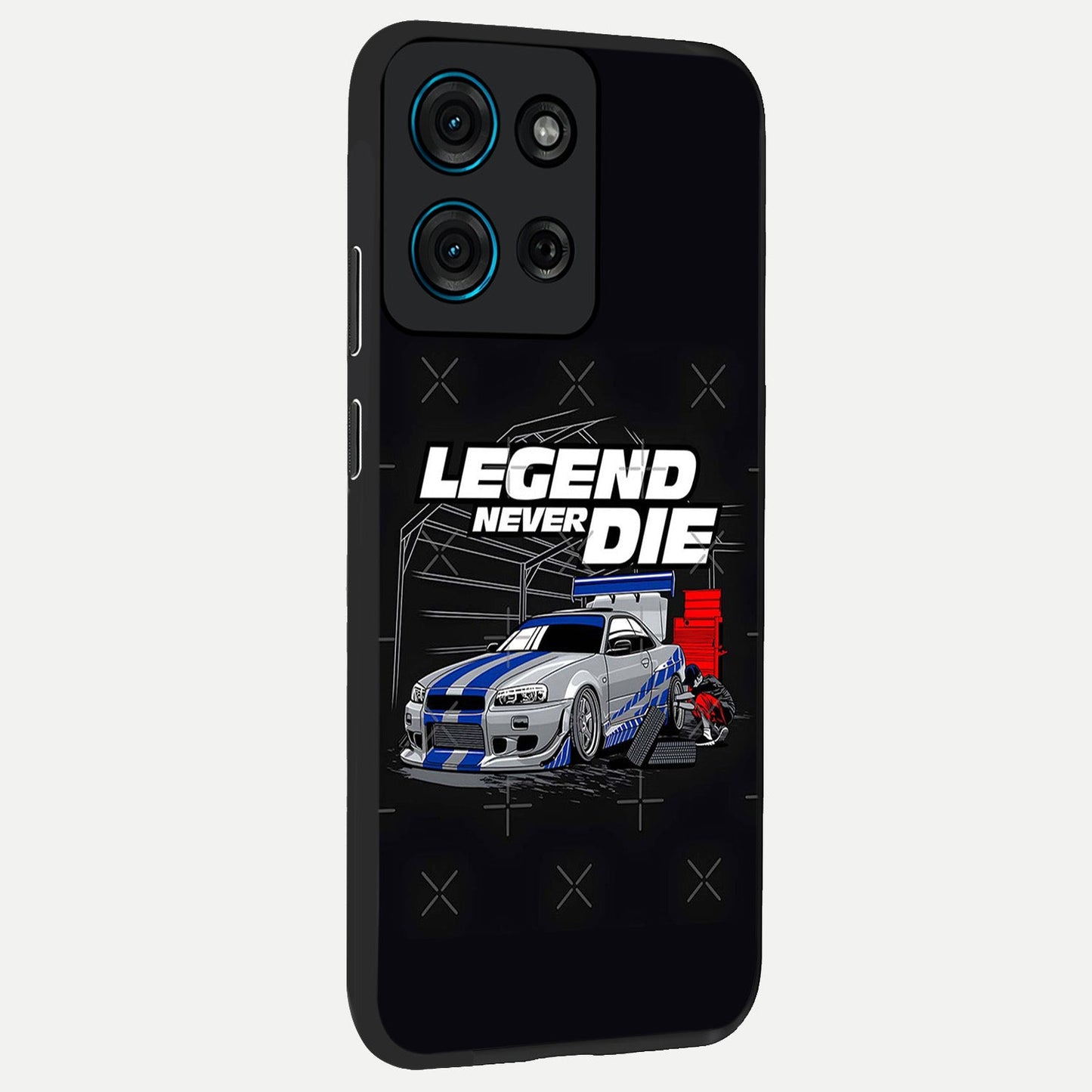 Midnight Racing Legacy Glass Case upright view showcasing powerful racing artwork with modern sports theme.