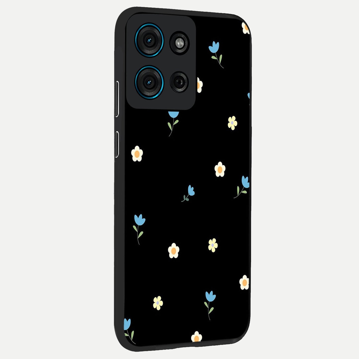 Minimal Petal Whispers Glass Case upright view showcasing elegant floral artwork with modern minimalist style.