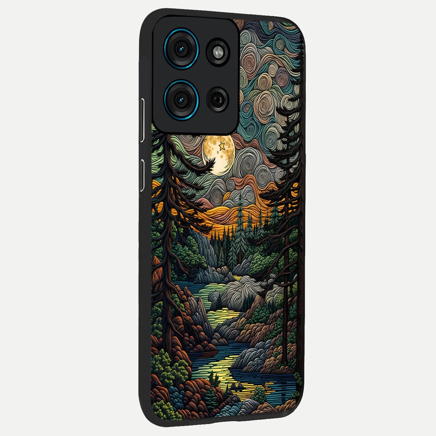 Moonlight Forest Dream Glass Case upright view showcasing magical forest artwork with calm night theme.