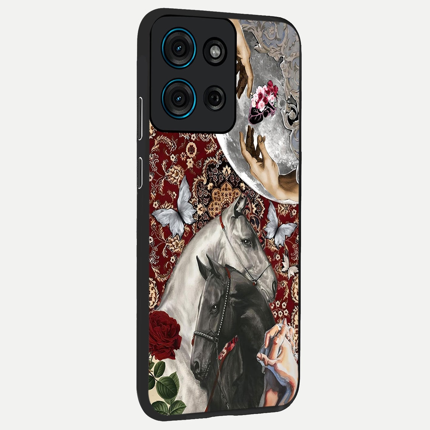 Moonlit Royal Stallion Glass Case upright view showcasing dramatic horse artwork with glowing moon themed design.