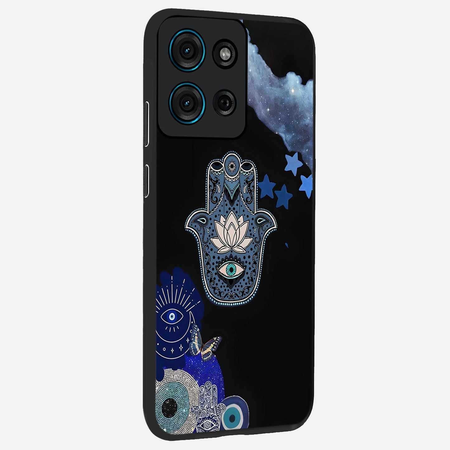Mystic Hand Aura Glass Case upright view showcasing symbolic hand artwork with mystical energy theme.