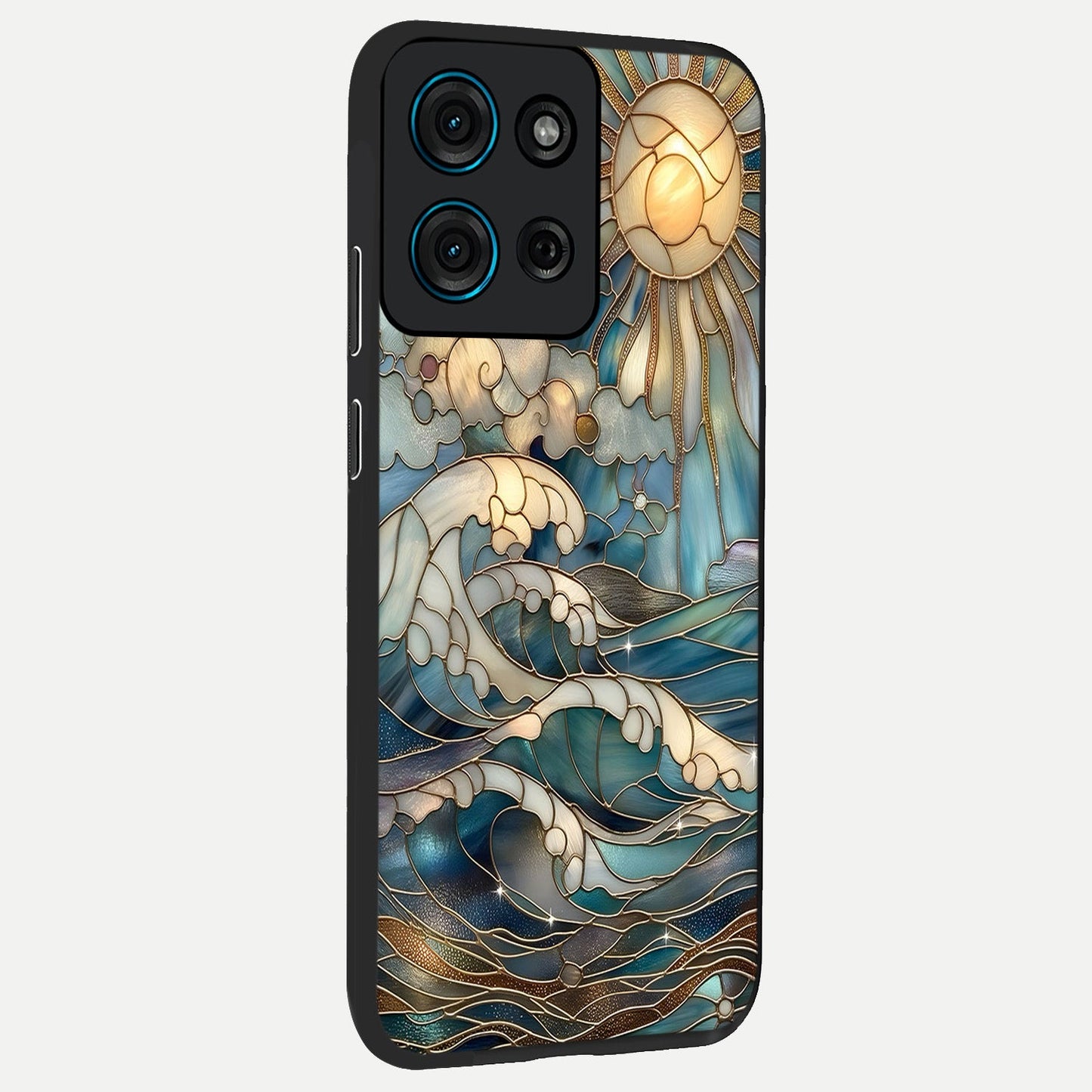 Oceanic Stained Printed Glass Case upright view showcasing decorative ocean pattern artwork with vibrant marine theme.