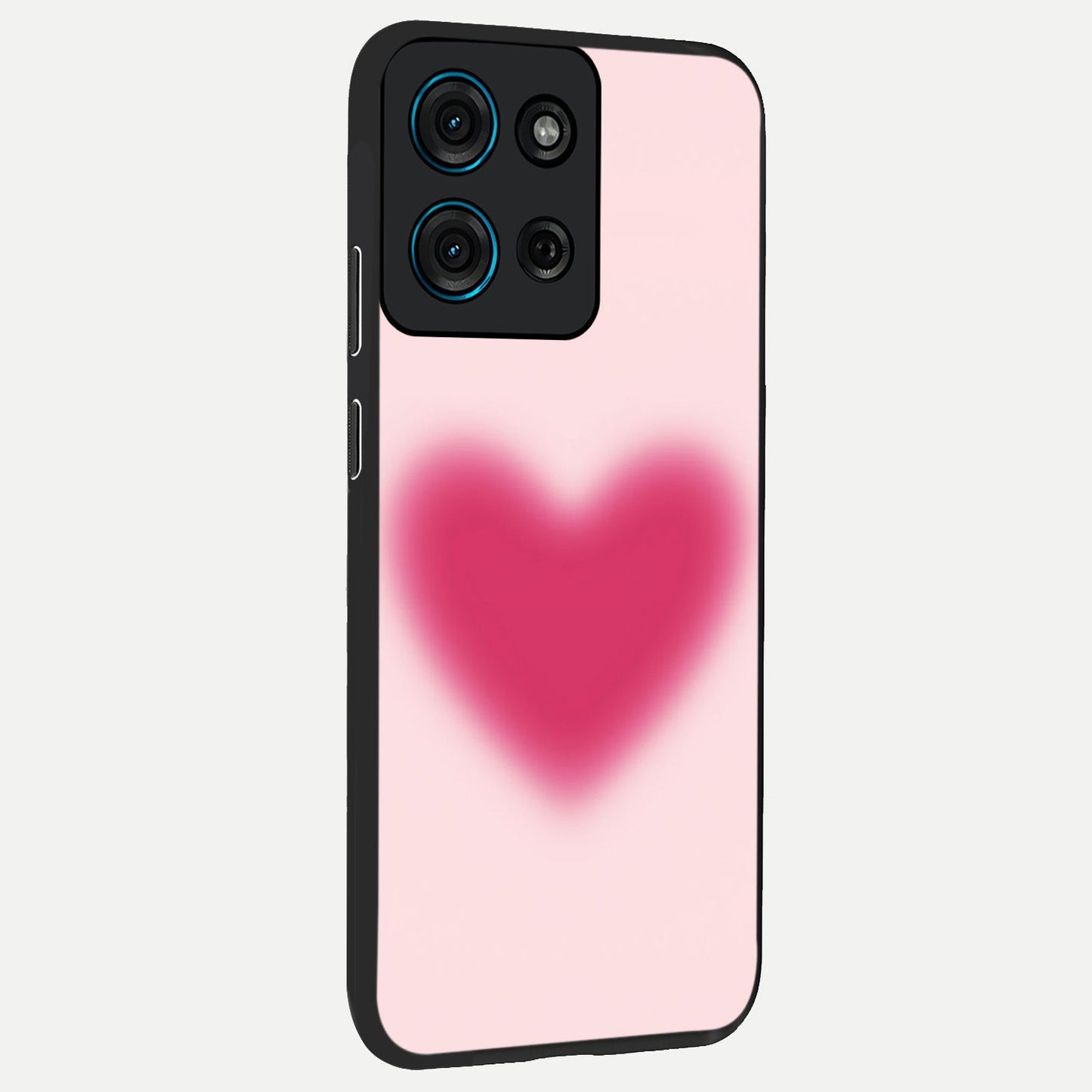 Pink Aura Heart Glass Case upright view showcasing romantic heart artwork with soft pastel theme.