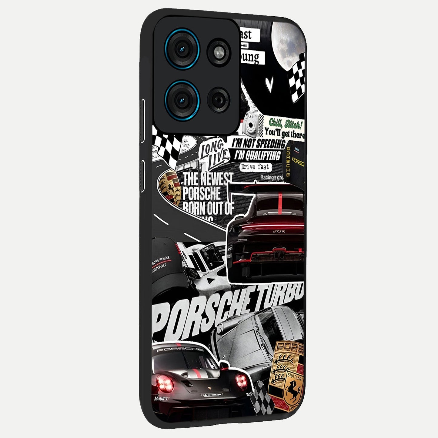 Porsche Racing Collage Glass Case upright view showcasing energetic car collage artwork with high speed racing theme.