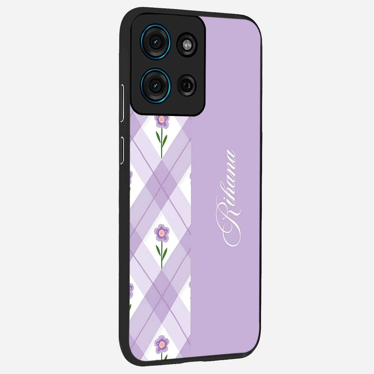 Purple Diamond Floral Glass Case upright view showcasing vibrant floral artwork with stylish geometric theme.