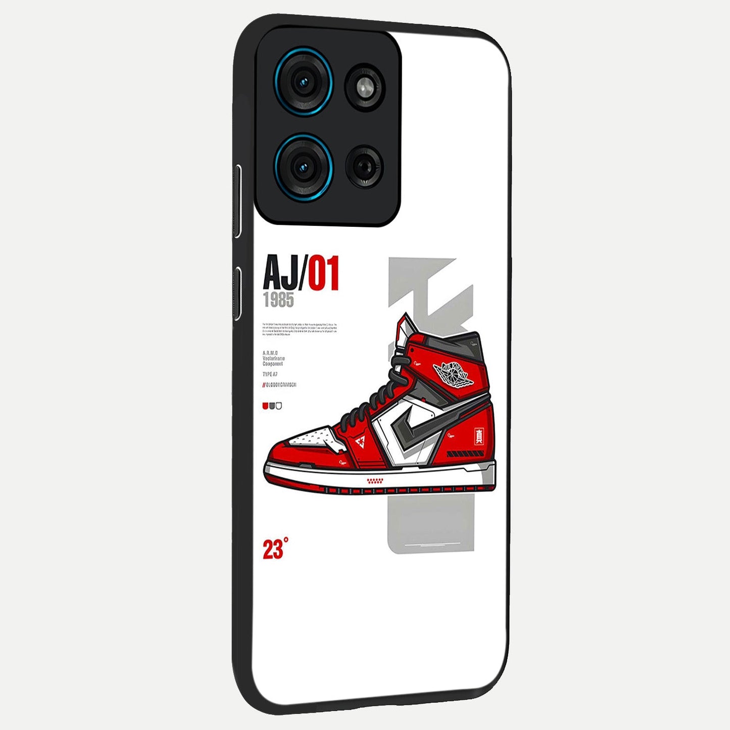 Retro Sneaker Blueprint Glass Case upright view showcasing stylish sneaker illustration with vintage streetwear theme.