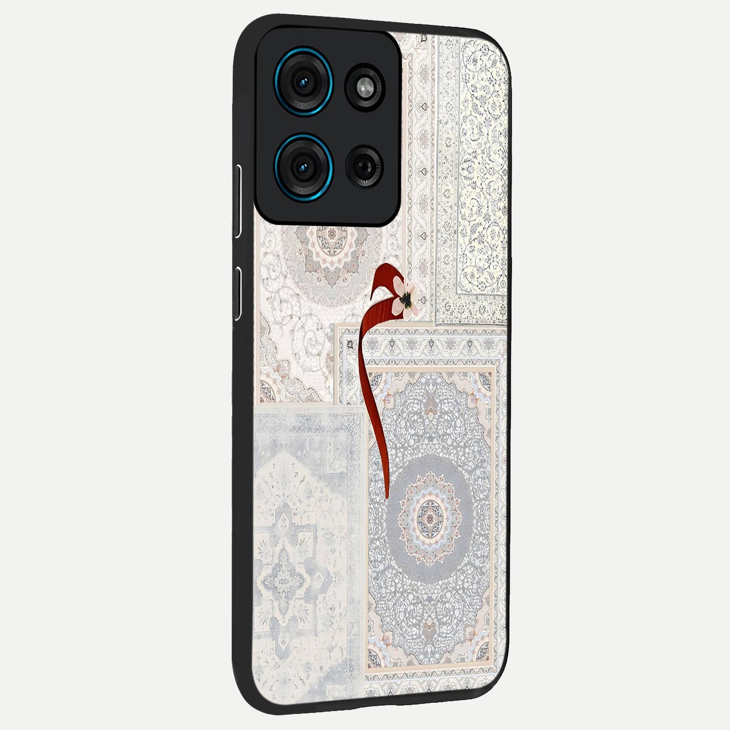 White Aesthetic Bow Glass Case upright view showcasing delicate ribbon bow artwork with cute minimalist theme.