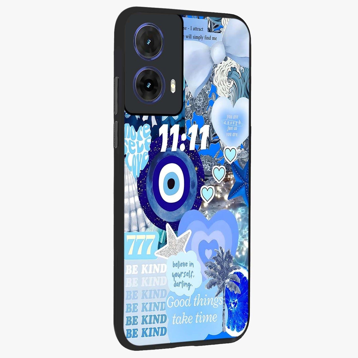 Aesthetic Be Kind Eye Glass Case upright view showcasing stylish eye illustration with positive message theme.