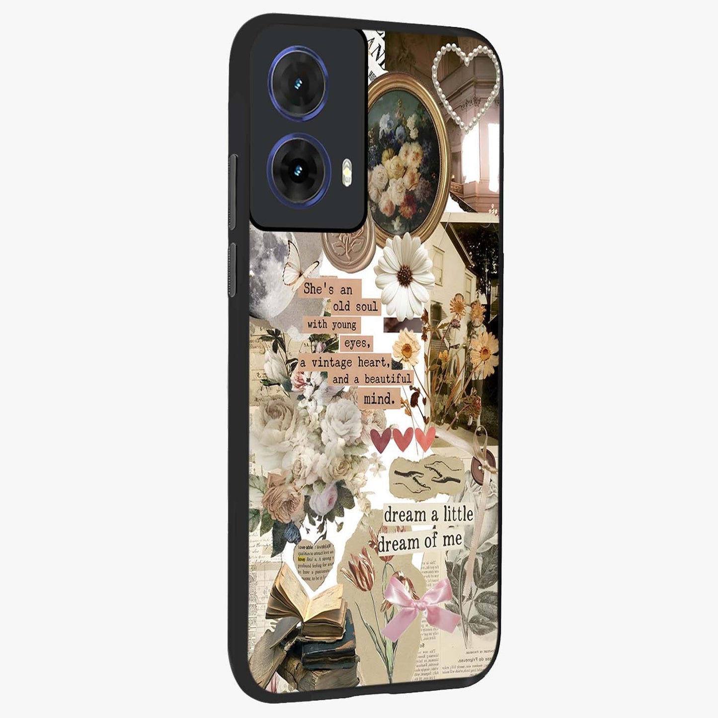 Aesthetic Brown Vintage Collage Glass Case upright view showcasing nostalgic retro artwork with stylish vintage theme.