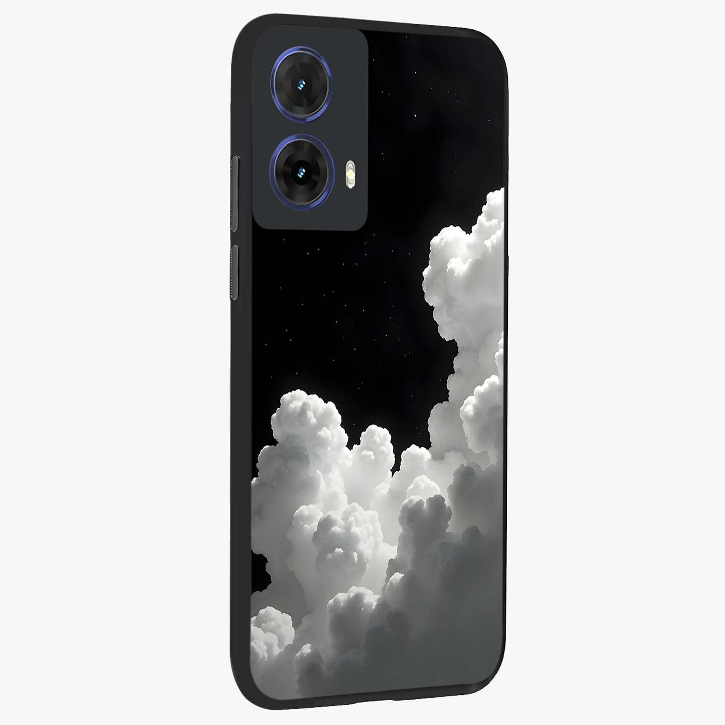 Black Background With White Cloud Glass Case upright view showcasing calm cloud aesthetic with modern minimal style.