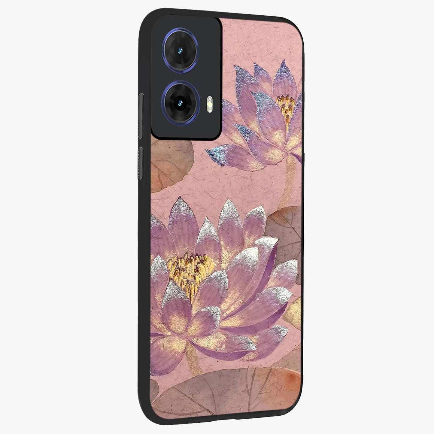 Blossom Mist Lotus Glass Case upright view showcasing graceful lotus flower design with peaceful botanical style.