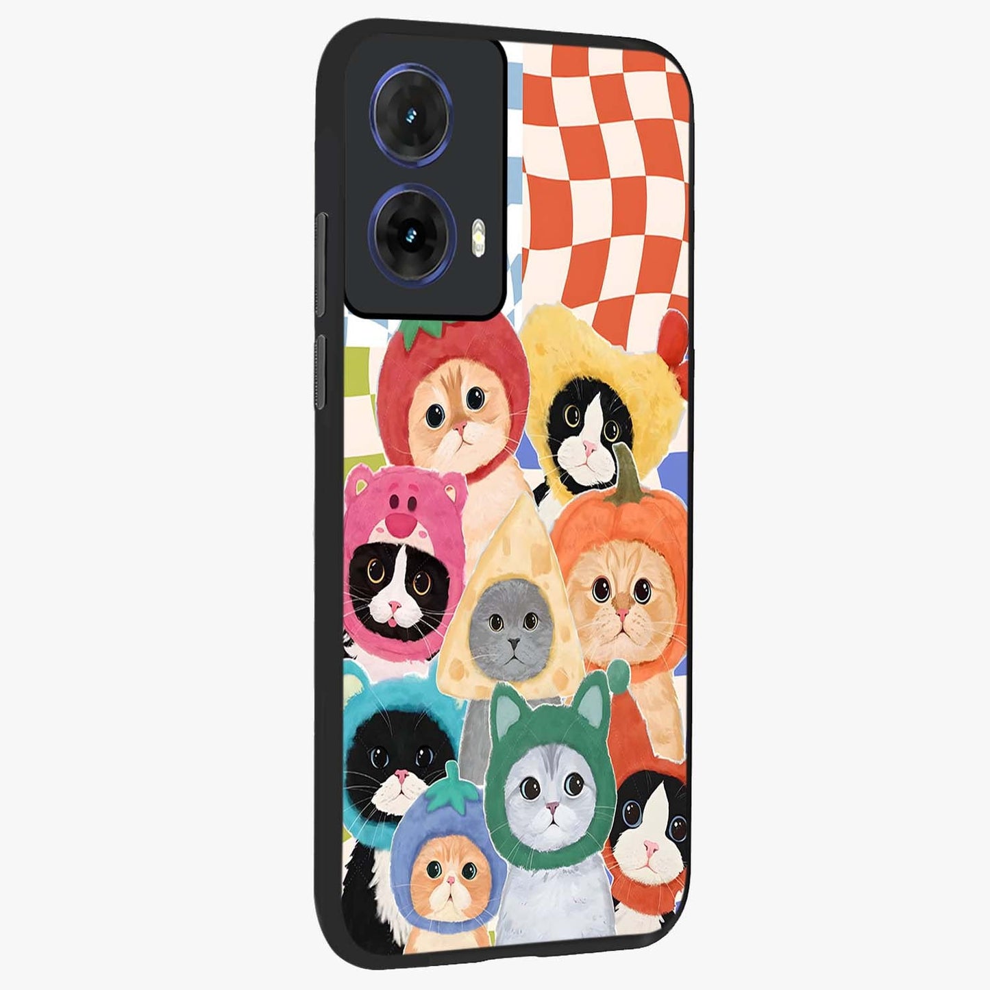 Cats in Fruits Glass Case upright view showcasing charming cat artwork with fun fruity theme.