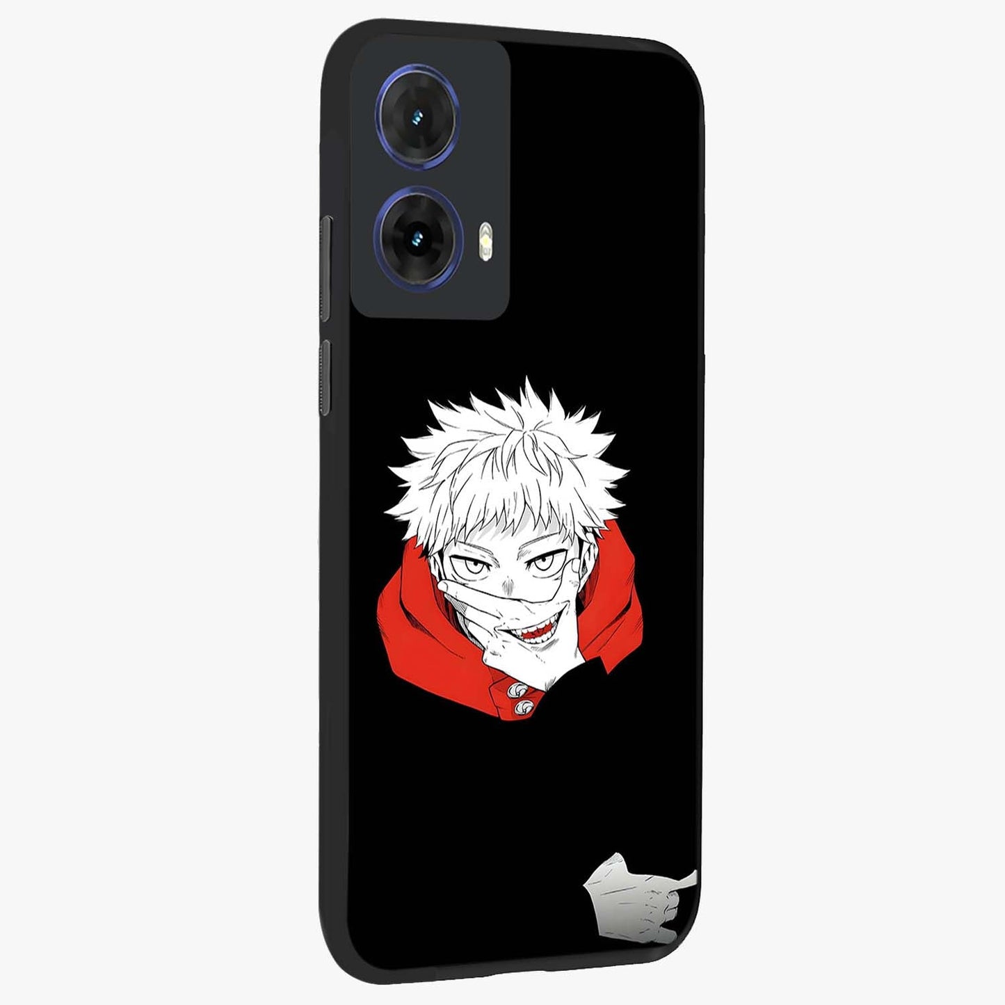 Crimson Chaos Smile Glass Case upright view showcasing expressive chaotic artwork with striking visual theme.