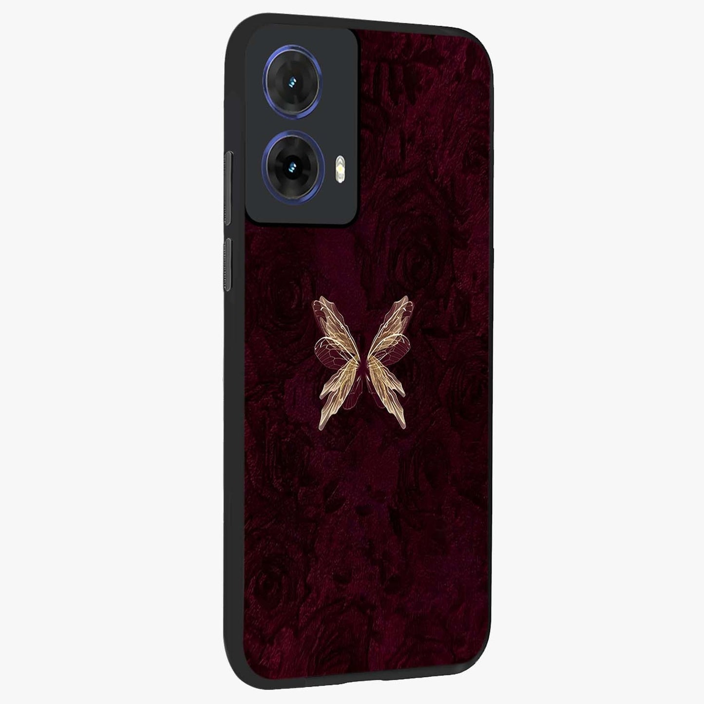 Crimson Fade Butterfly Glass Case upright view showcasing graceful butterfly artwork with soft crimson fade effect.