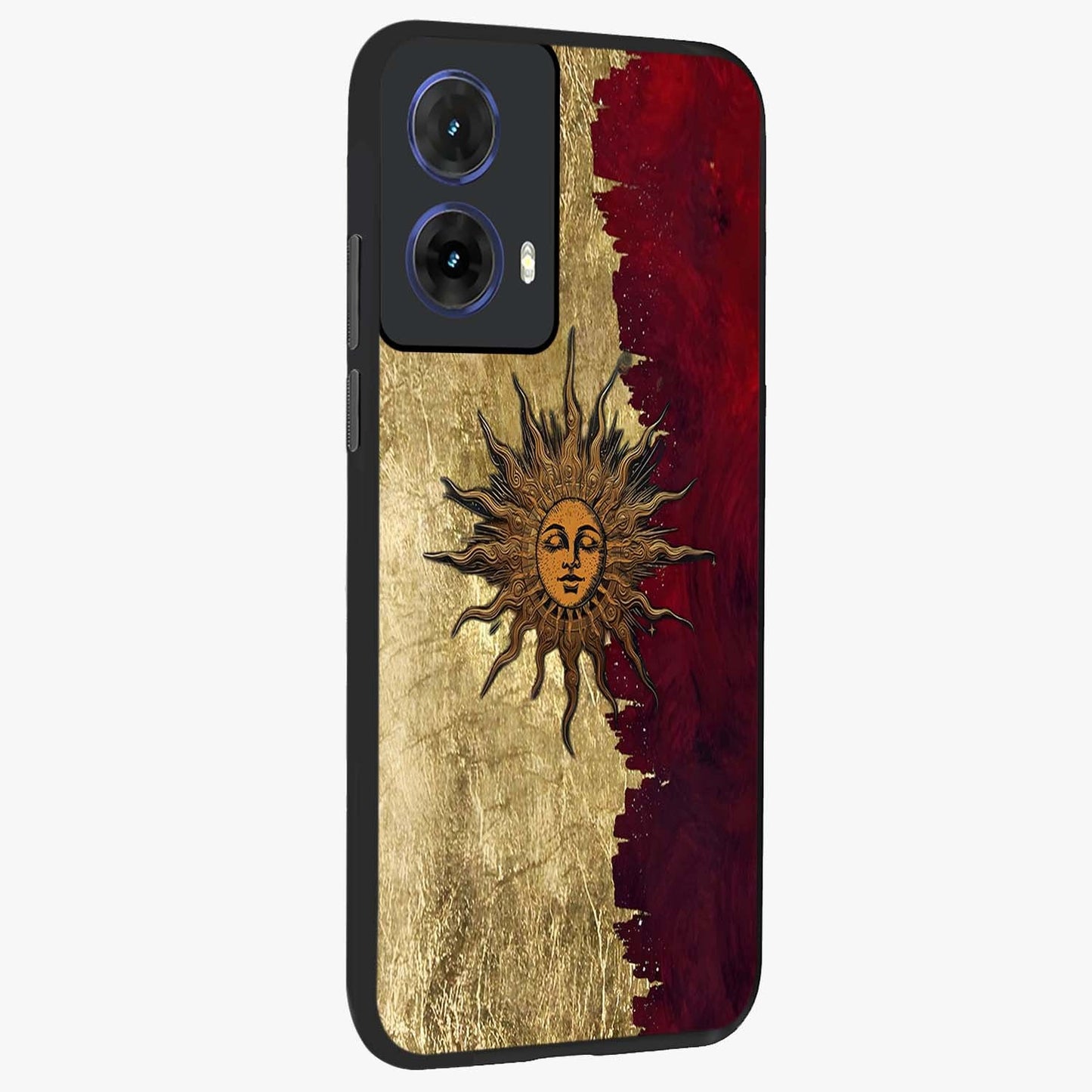 Crimson Sun Majesty Glass Case upright view showcasing vibrant sun artwork with powerful celestial theme.
