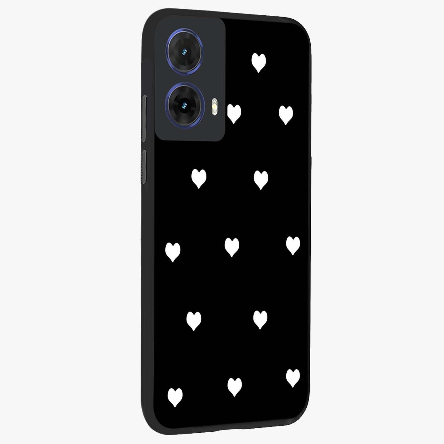 Cute And Simple White Hearts Glass Case upright view showcasing simple white hearts artwork with soft minimal theme.