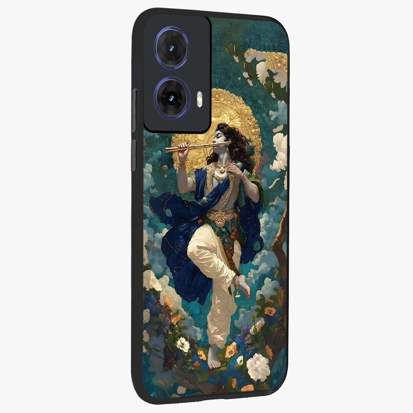 Divine Krishna Art Glass Case upright view showcasing divine Krishna artwork with sacred artistic theme.