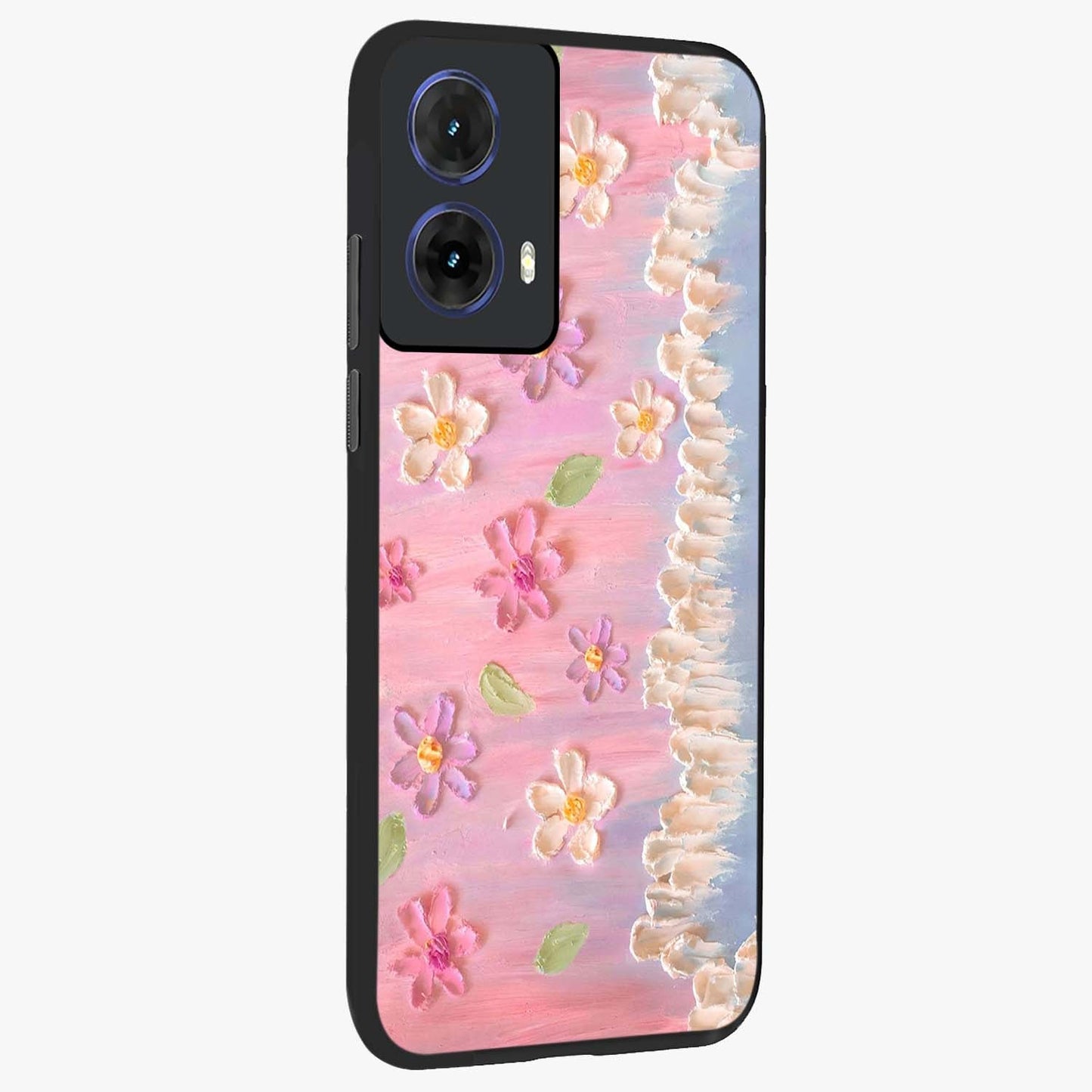 Dreamy Painted Garden Glass Case upright view showcasing vibrant floral garden artwork with artistic nature theme.
