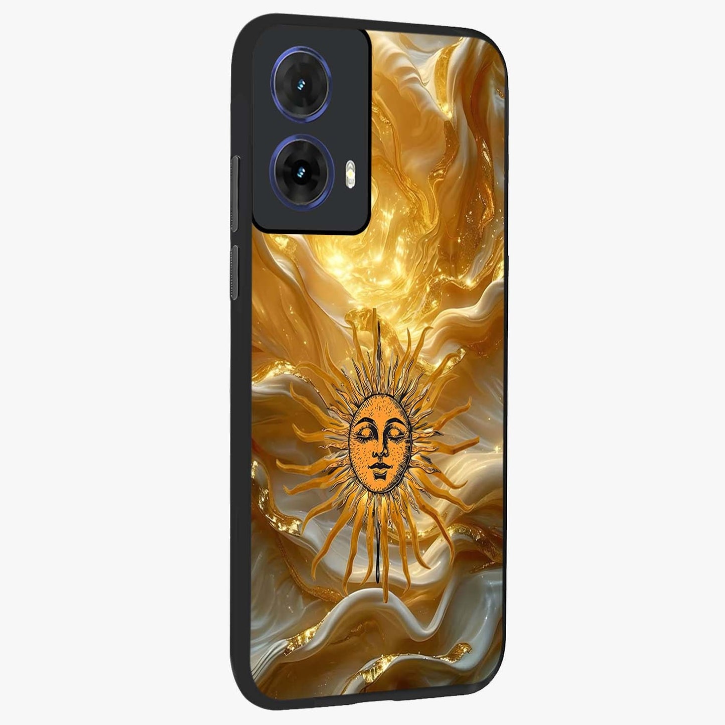 Eternal Golden Glow Glass Case upright view showcasing luminous golden artwork with luxurious visual theme.