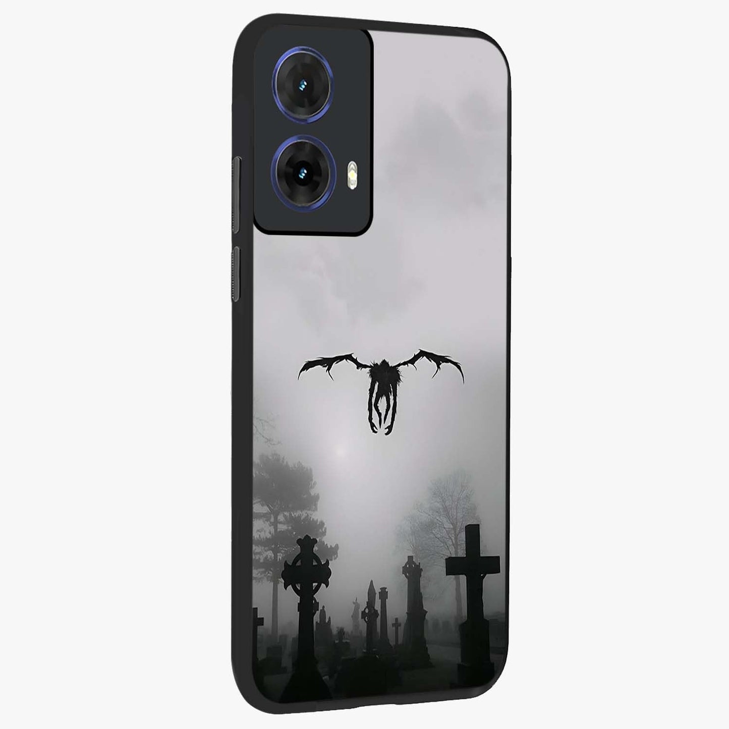 Graveyard Shadow Descent Glass Case upright view showcasing haunting graveyard artwork with dramatic dark theme.