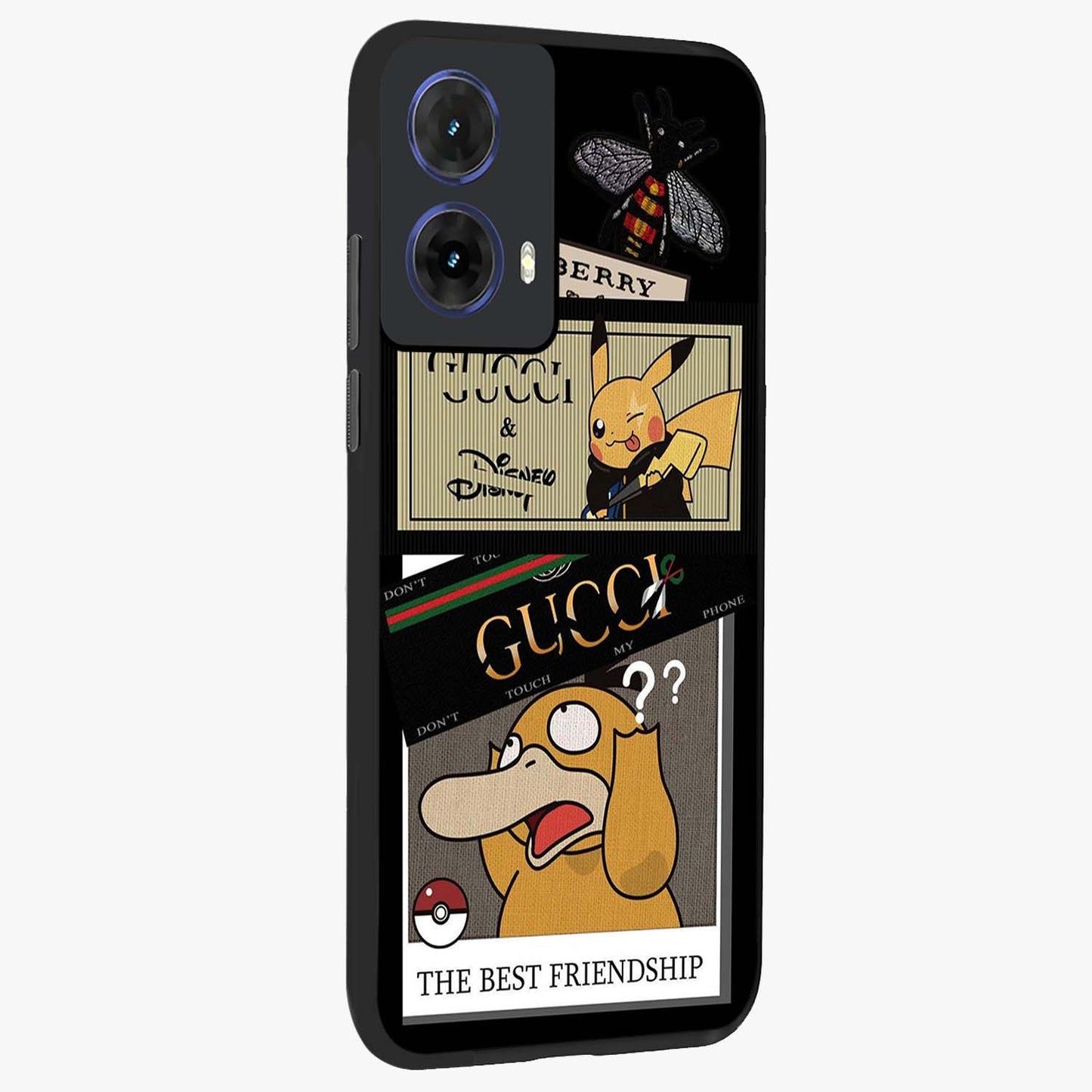 Gucci Play Mashup Glass Case upright view showcasing trendy luxury inspired artwork with modern fashion theme.