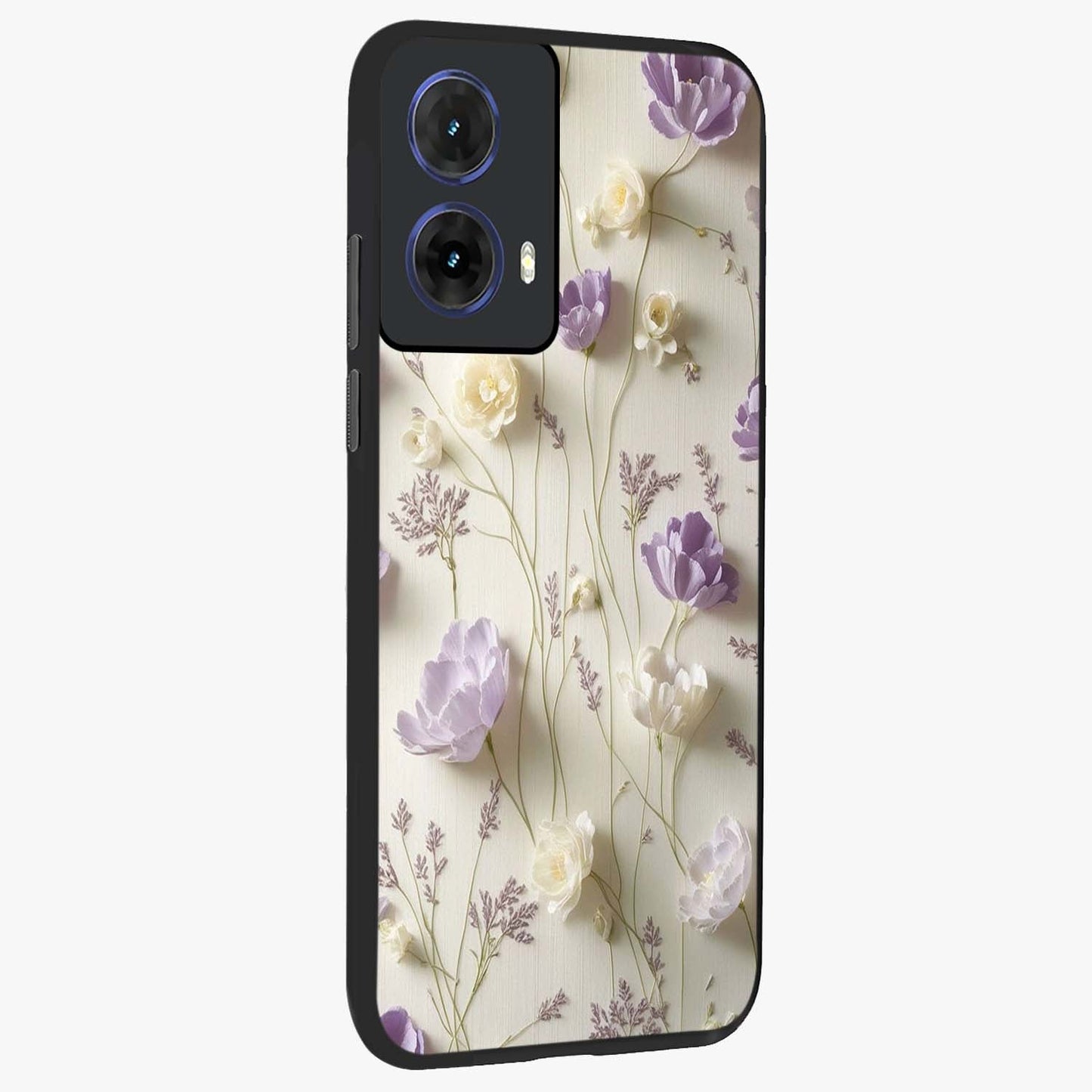Lilac Breeze Harmony Glass Case upright view showcasing delicate lilac artwork with peaceful floral theme.