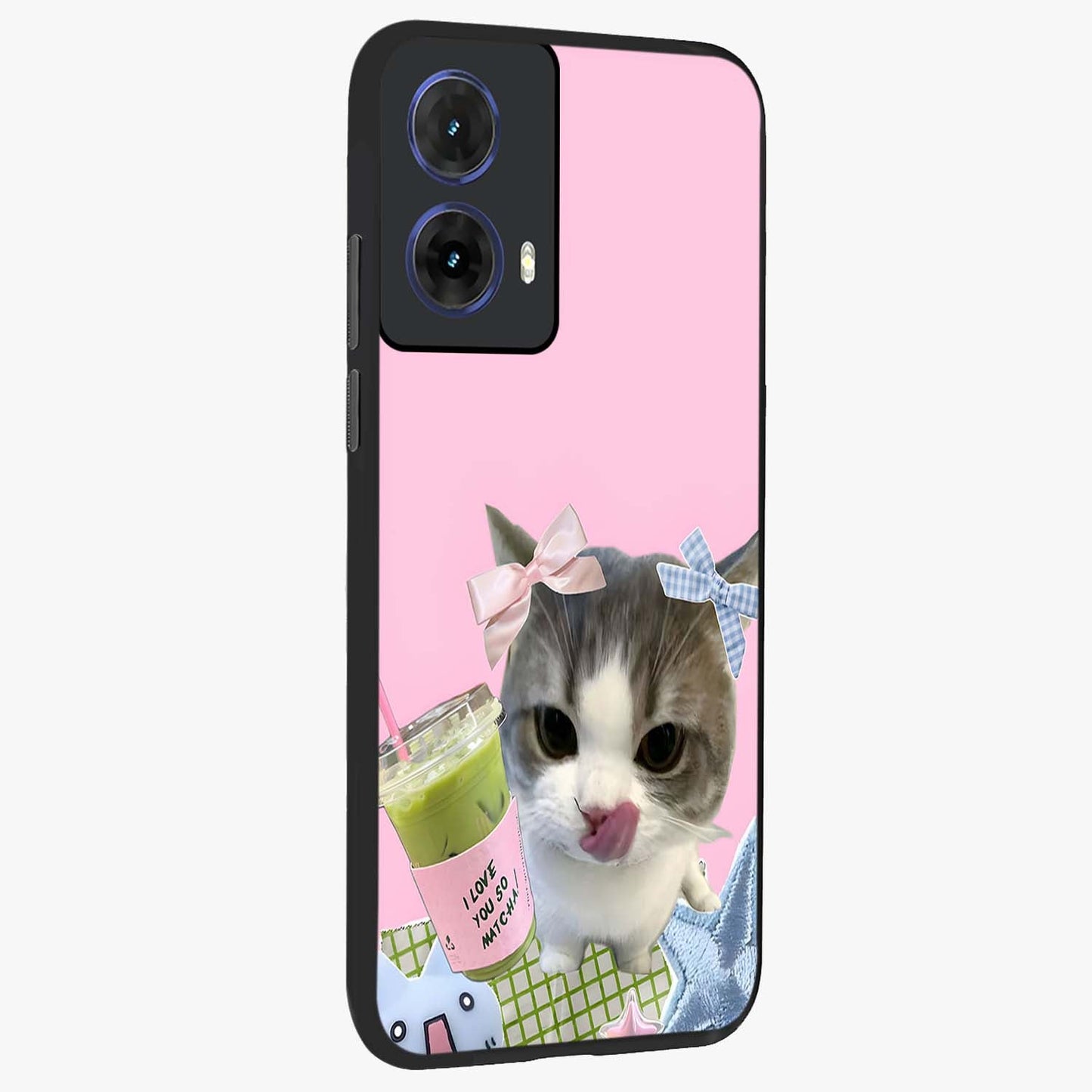 Love Matcha Cat Glass Case upright view showcasing adorable cat artwork with charming matcha themed design.