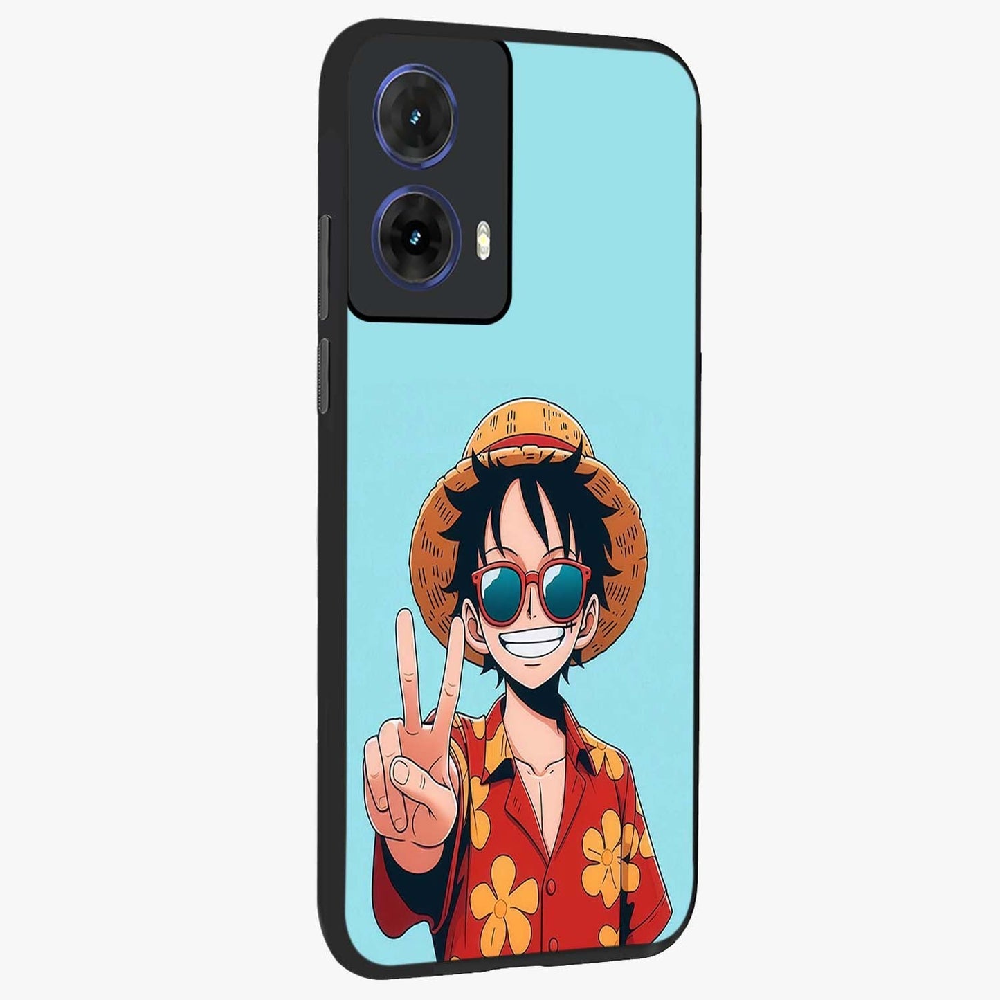 Luffy Summer Anime Vibe Glass Case upright view showcasing dynamic anime artwork with bright adventurous theme.
