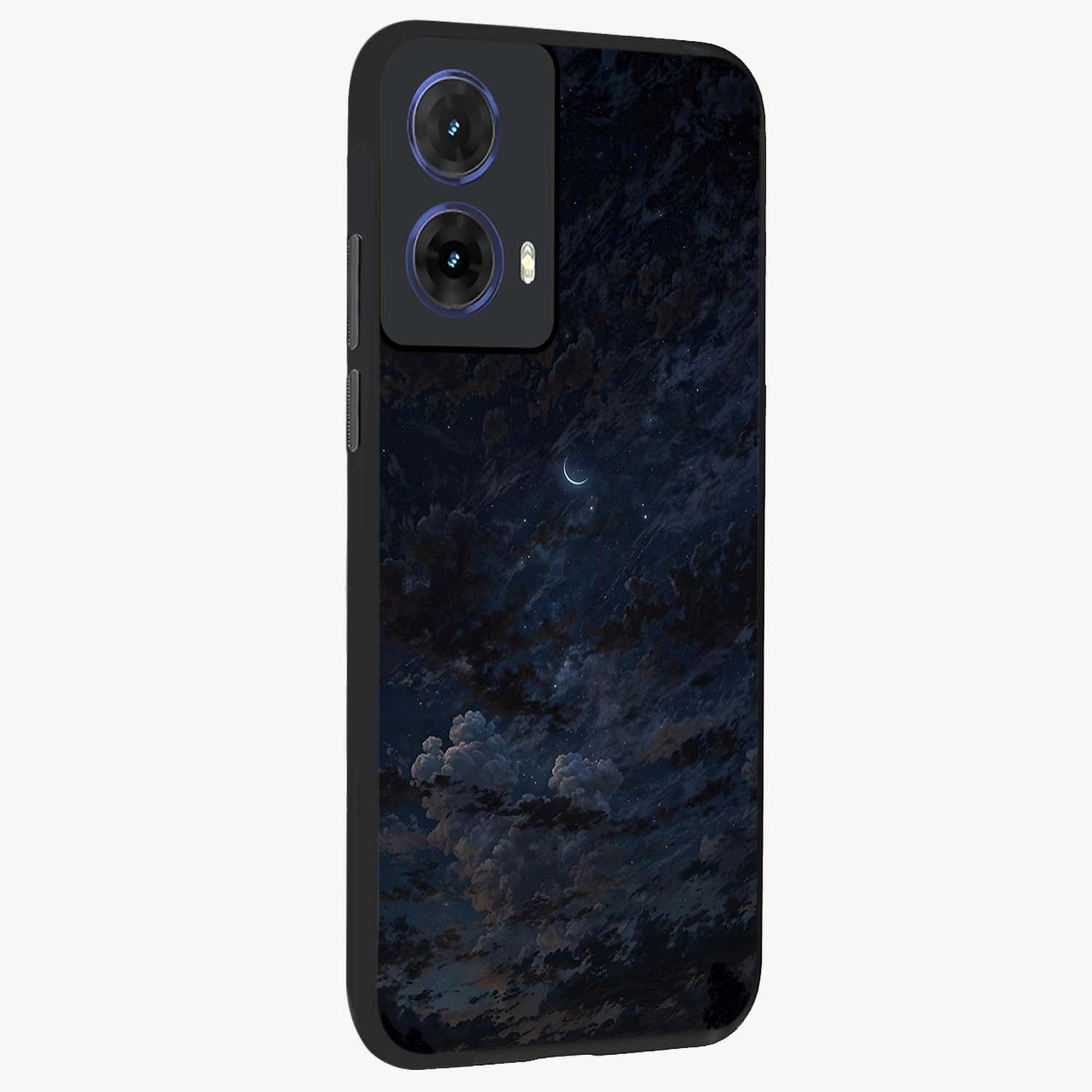 Lunar Veil Silence Glass Case upright view showcasing calm moon themed artwork with serene night atmosphere.