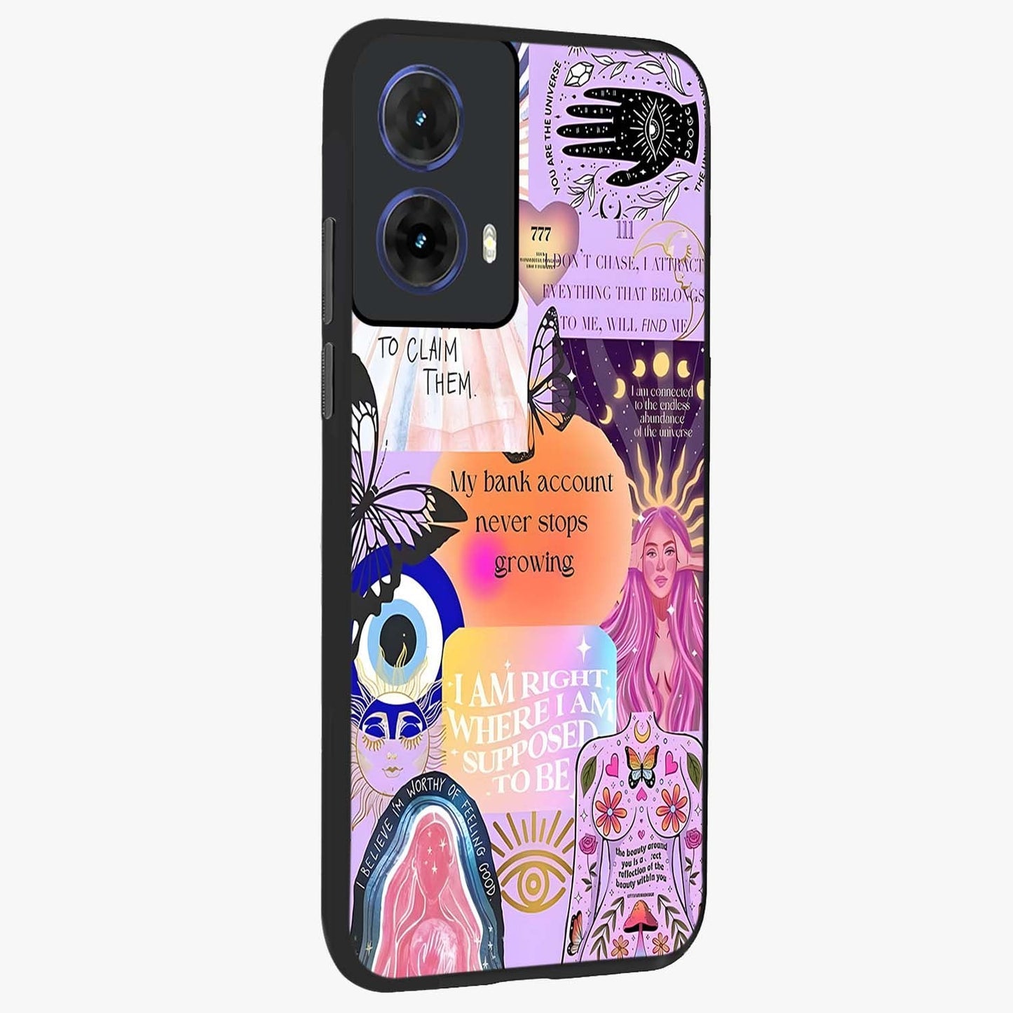 Manifestation Collage Glass Case upright view showcasing artistic manifestation themed artwork with creative style.