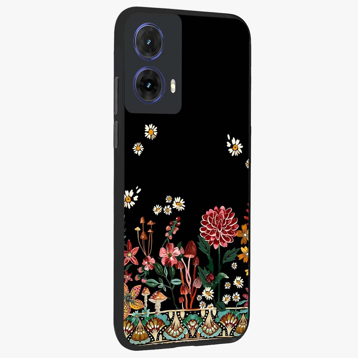 Midnight Bloom Pattern Glass Case upright view showcasing decorative floral artwork with deep night themed palette.