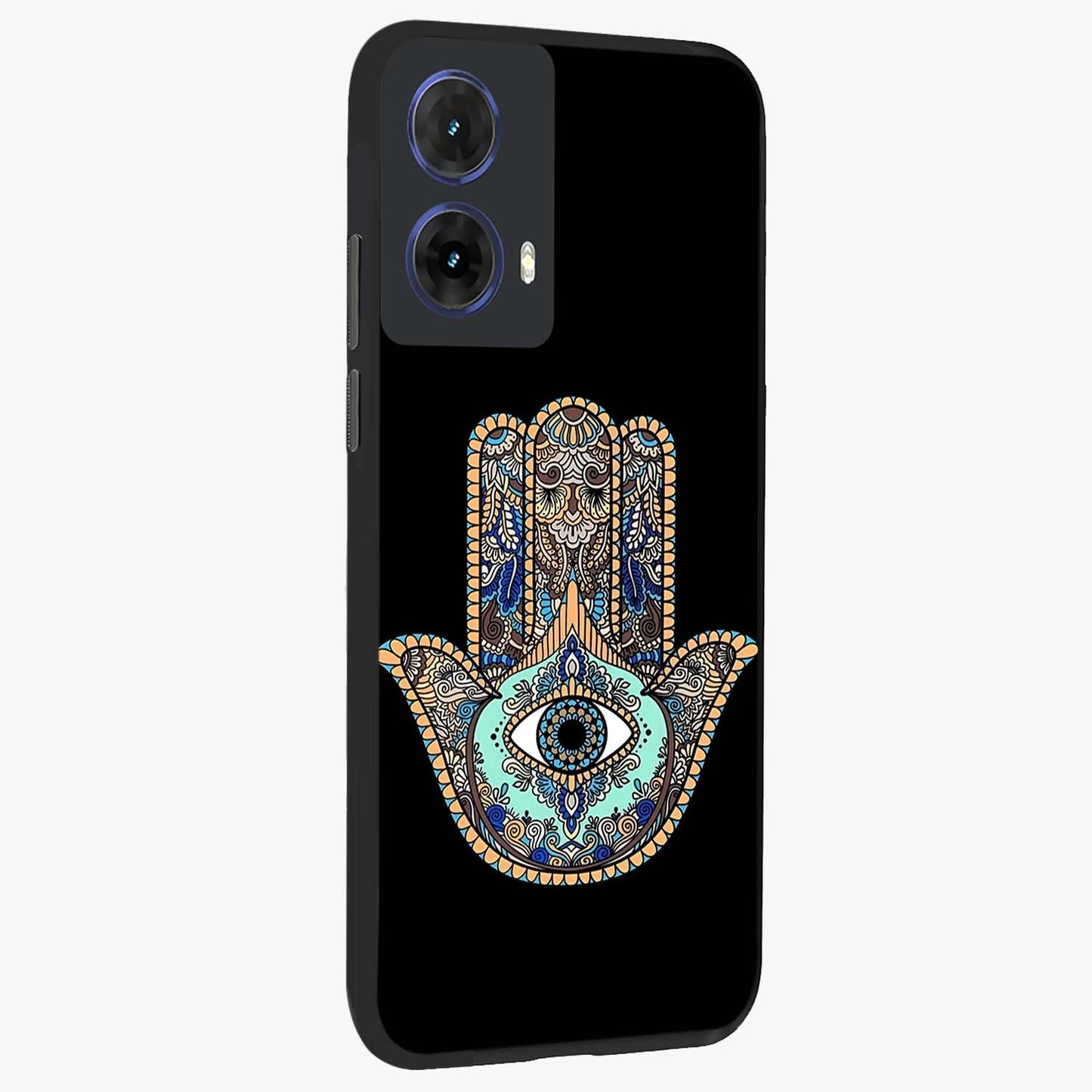 Mystic Hamsa Eye Glass Case upright view showcasing detailed hamsa eye artwork with protective spiritual theme.