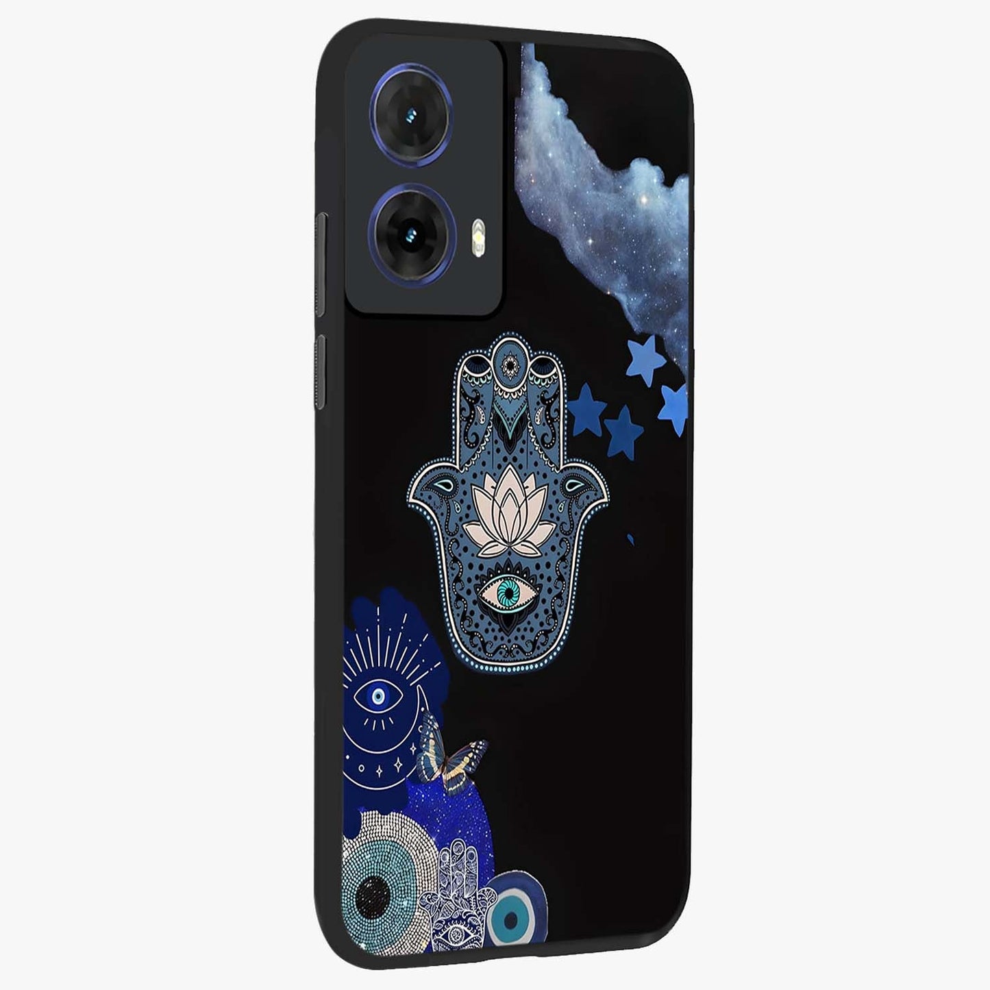 Mystic Hand Aura Glass Case upright view showcasing symbolic hand artwork with mystical energy theme.