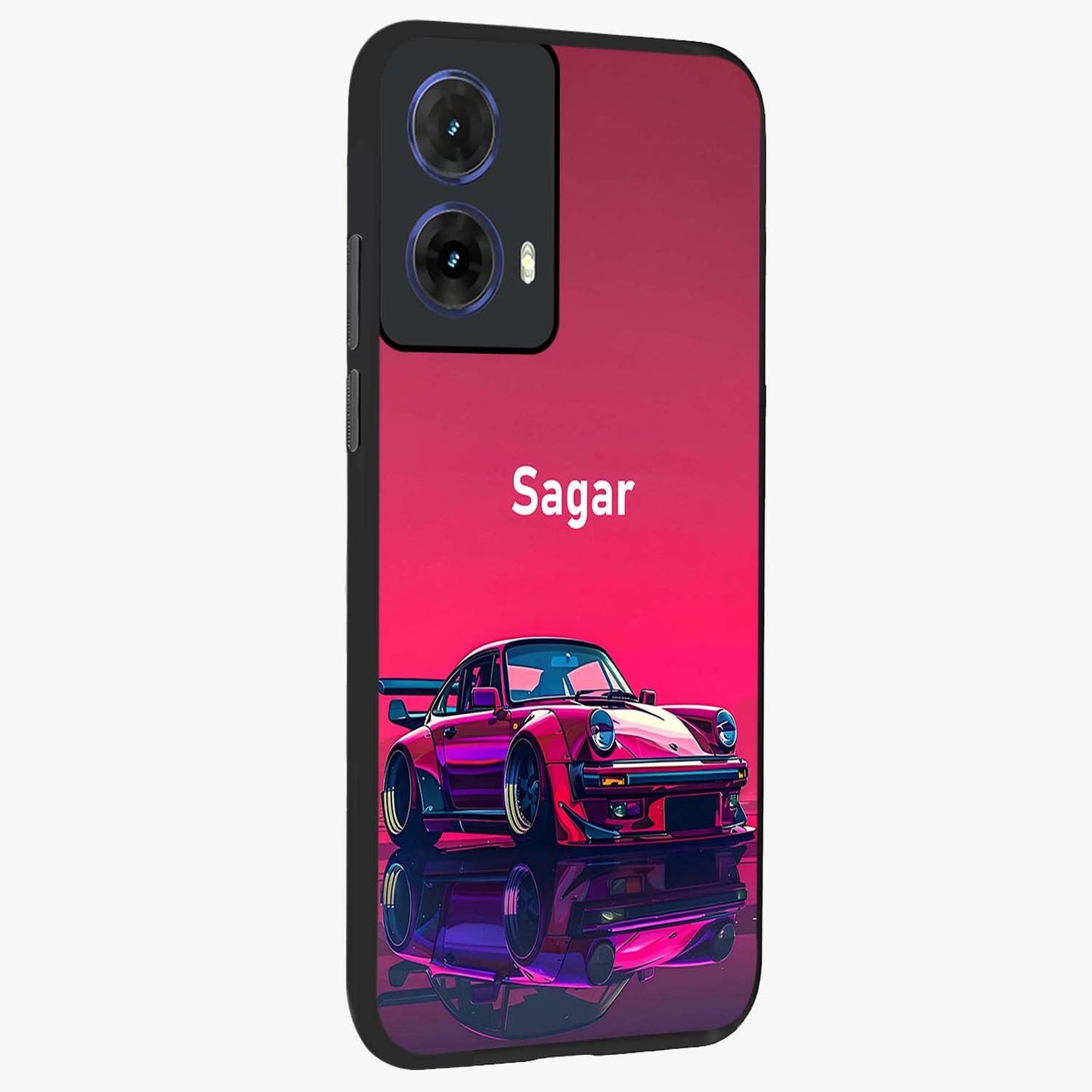 Neon Pink Porsche Glass Case upright view showcasing vibrant sports car artwork with bold automotive theme.
