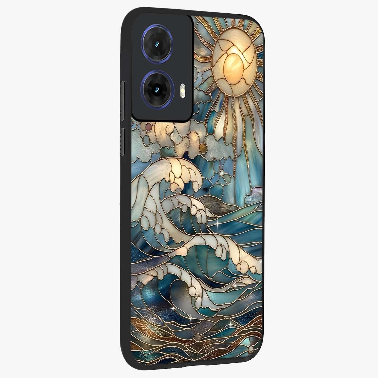 Oceanic Stained Printed Glass Case upright view showcasing decorative ocean pattern artwork with vibrant marine theme.