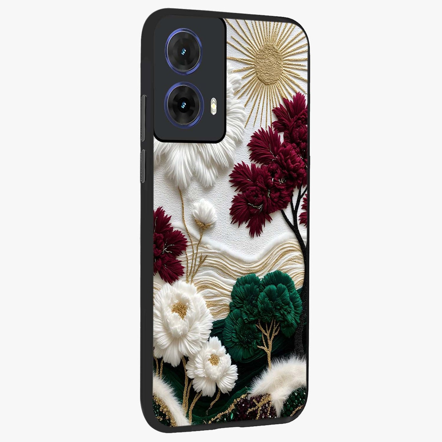 Radiant Bloom Elegance Glass Case upright view showcasing decorative flower artwork with refined botanical theme.