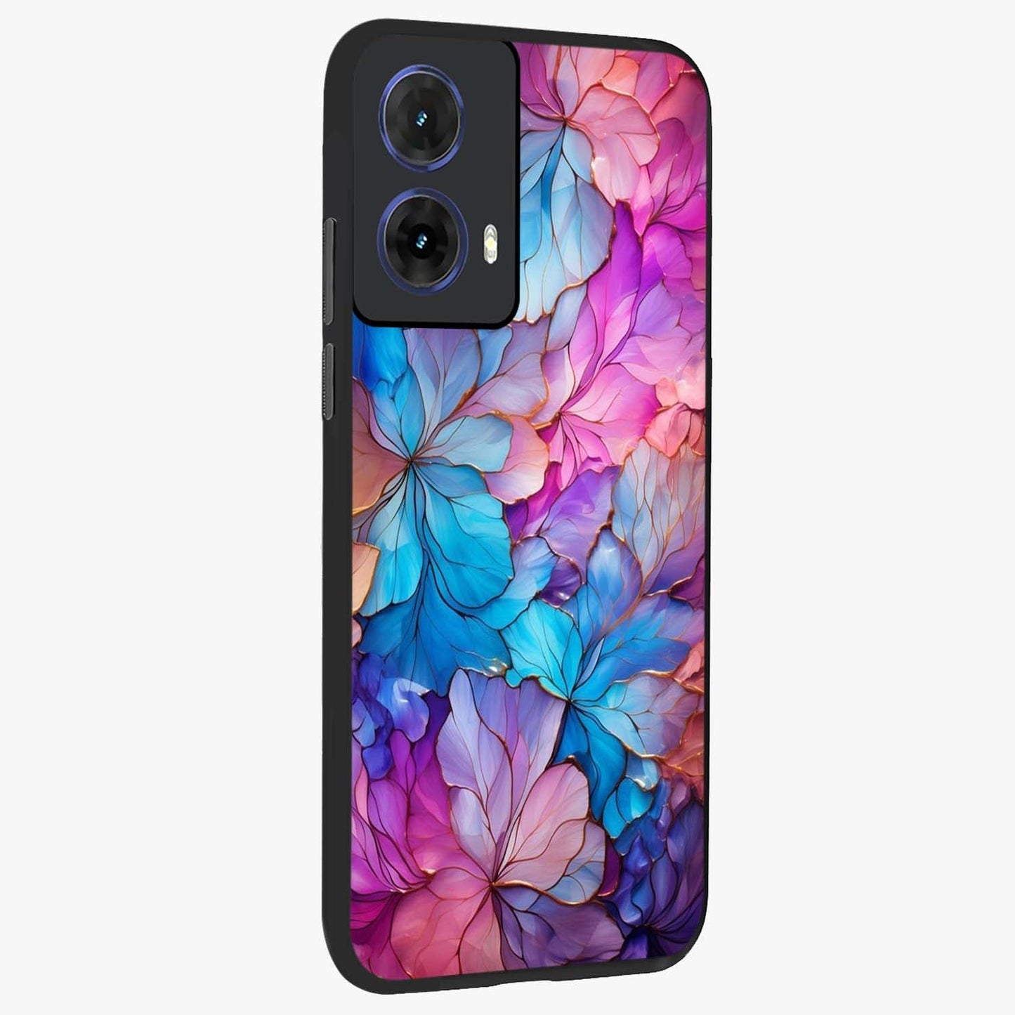 Radiant Floral Whirl Glass Case upright view showcasing lively floral artwork with decorative swirl theme.