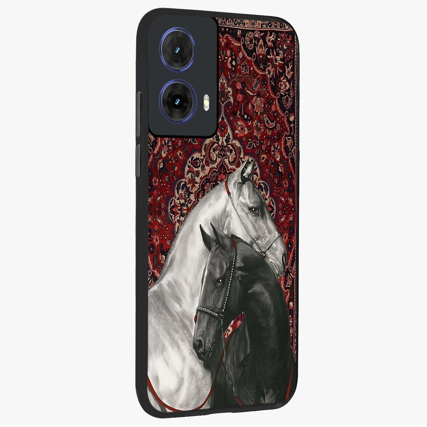 Regal Stallion Tapestry Glass Case upright view showcasing powerful horse artwork with elegant tapestry theme.