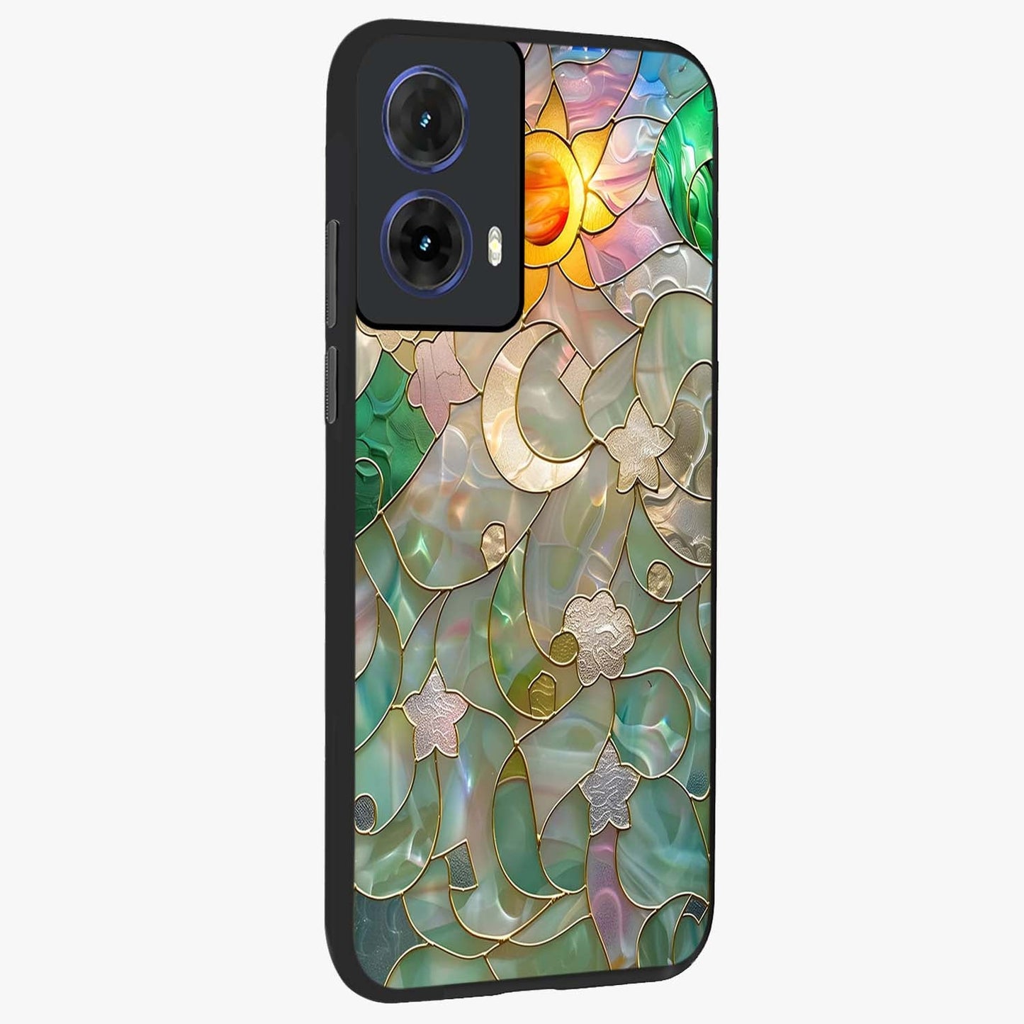 Stained Sunrise Glow Glass Case upright view showcasing colorful sunrise artwork with warm morning theme.