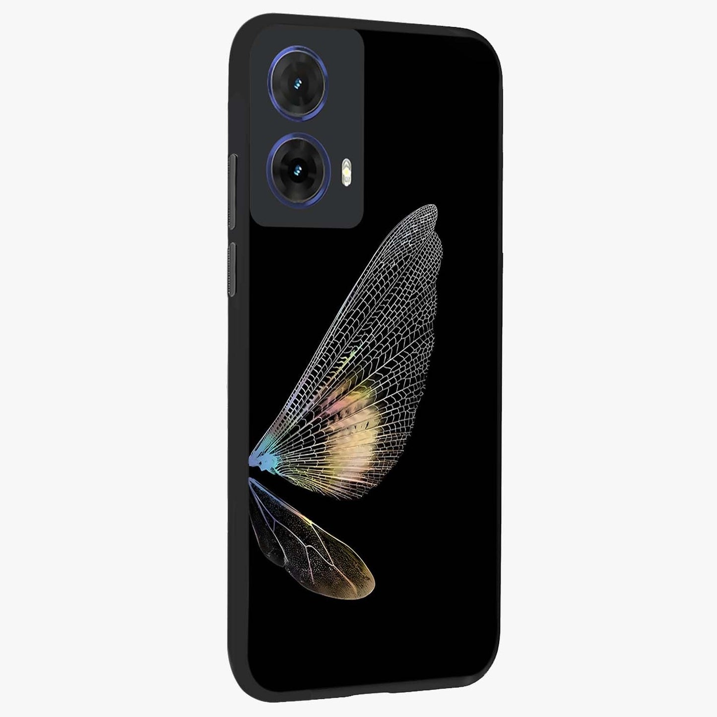 Whispers Of Wings Glass Case upright view showcasing elegant wing artwork with light airy theme.